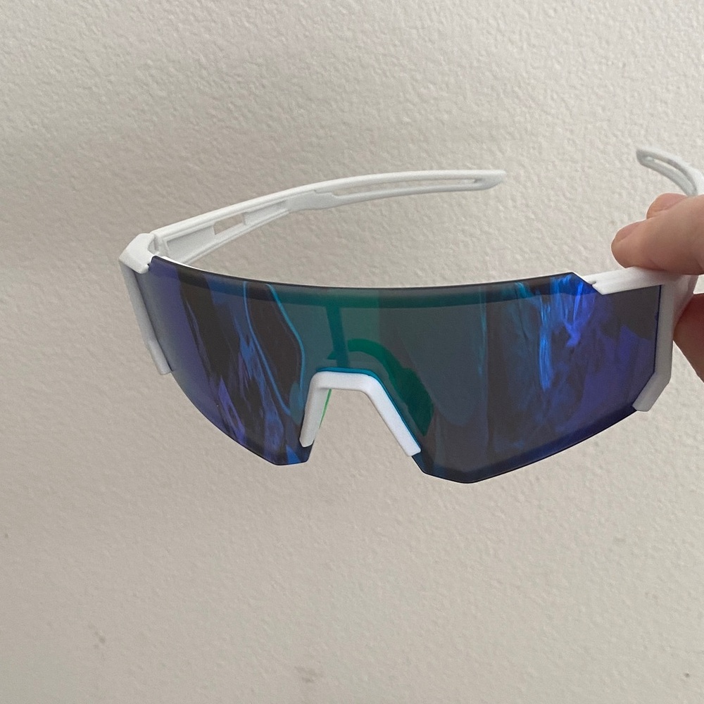 White Frame Blue Mirrored Shield Sunglasses